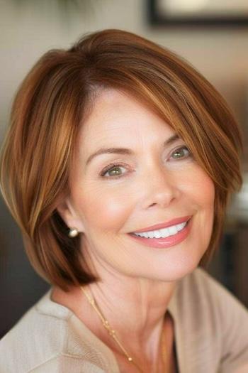 Short Layered Bob Haircut on a smiling woman with auburn brown hair.