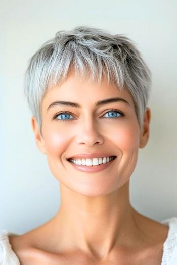 Short Pixie with Choppy Bangs Hairstyle on a smiling woman with gray hair.