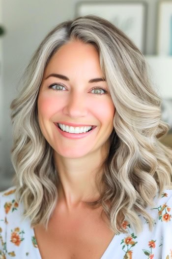 Shoulder-Length Ash Blonde Curls Hairstyle on a smiling woman with blonde hair.