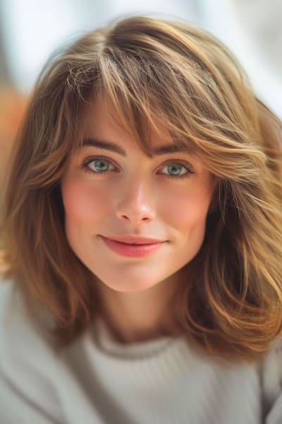 Shoulder-Length Waves Medium-Length Hairstyle with Bangs.