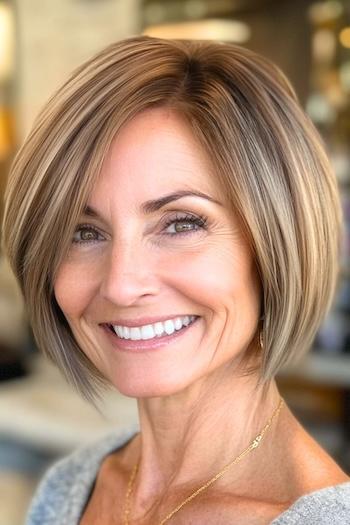 Side-Parted Bob with Subtle Layering Haircut on a smiling woman with brown hair.