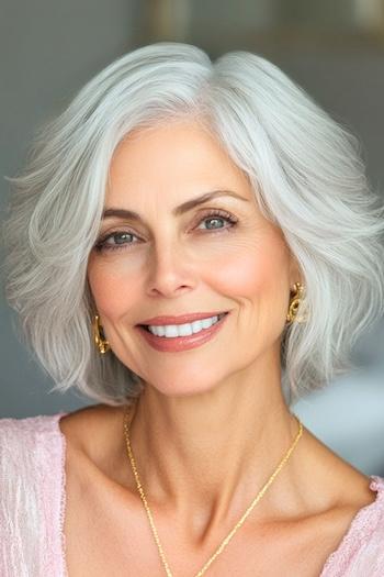 Side-Parted Bob with Voluminous Layers Haircut on a smiling woman with gray hair.