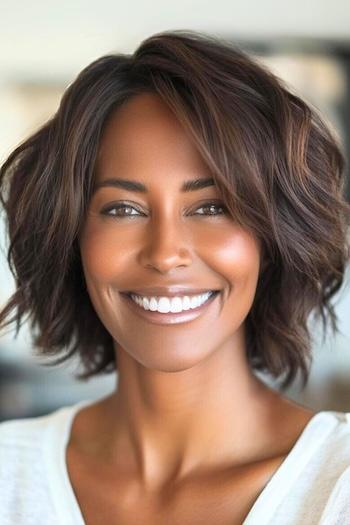 Side-Parted Choppy Wavy Bob Hairstyle on a smiling black woman with dark brown hair.