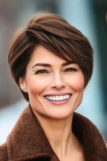 Side-Parted Pixie with Tapered Layers Hairstyle on a smiling woman with brown hair.