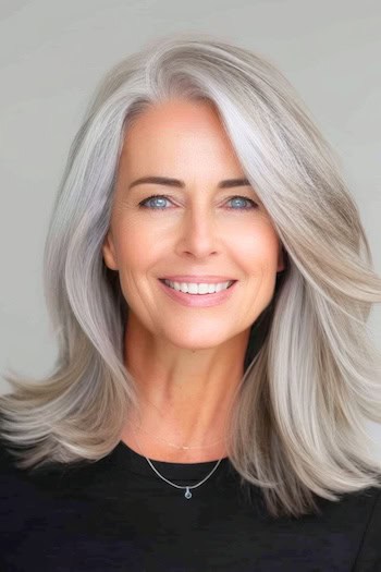 Silver Ash Layers For Thick Hair Hairstyle on a smiling woman with blonde hair.