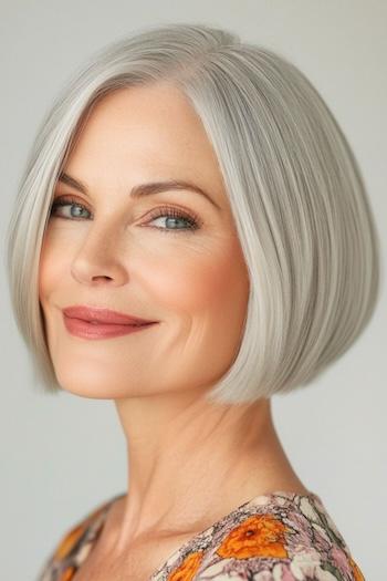 Silver Chin-Length Blunt Bob Haircut on a smiling woman with gray hair.