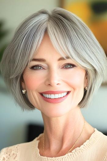 Silver Layered Bob Haircut on a smiling woman with gray hair.