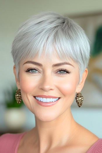 Silver Pixie Bowl Cut  Hairstyle on a smiling woman with silver hair.