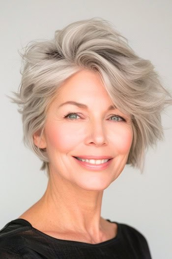 Silvery Ash Blonde Pixie Hairstyle on a smiling older woman with blonde hair.