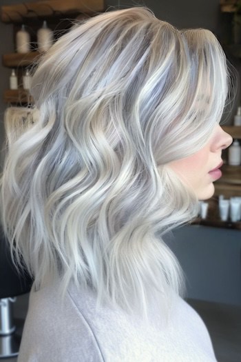 Silvery Platinum Layered Long Bob Hairstyle.