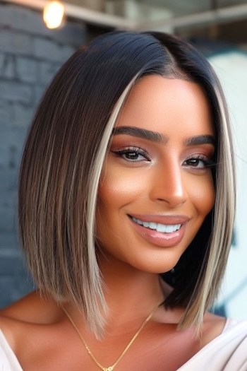 Sleek Lob with Money Piece Highlights Haircut.