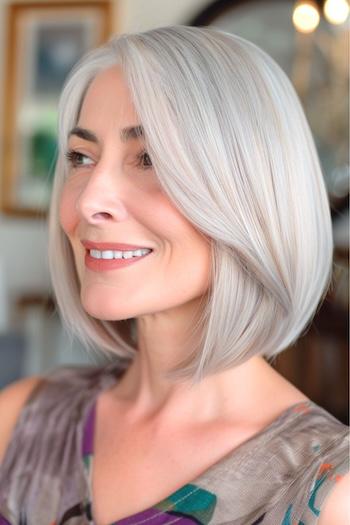 Sleek Silver BobHairstyle on a smiling woman with fine gray hair.