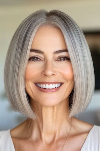 Sleek Straight Blunt Bob Haircut on a smiling older woman with silver hair.