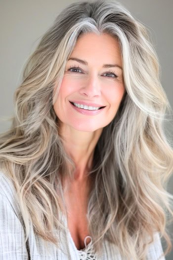 Smoky Pearl Ash Blonde with Gray Blending Hairstyle on a smiling woman with gray and blonde hair.