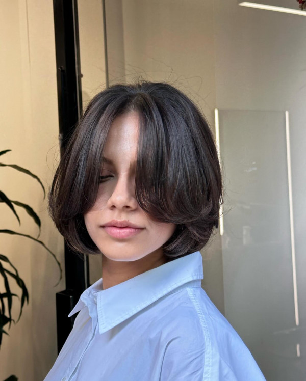 Soft Blunt Graduation Bob with Curtain Bangs