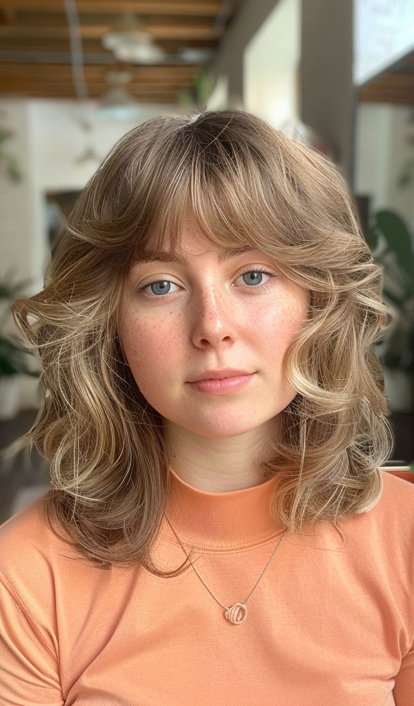 Soft Honey Curls with Wispy Bangs, medium-length hairstyle