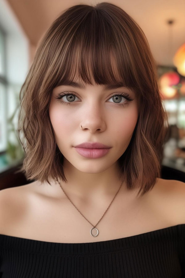 Soft Tousled Long Bob haircut with bangs