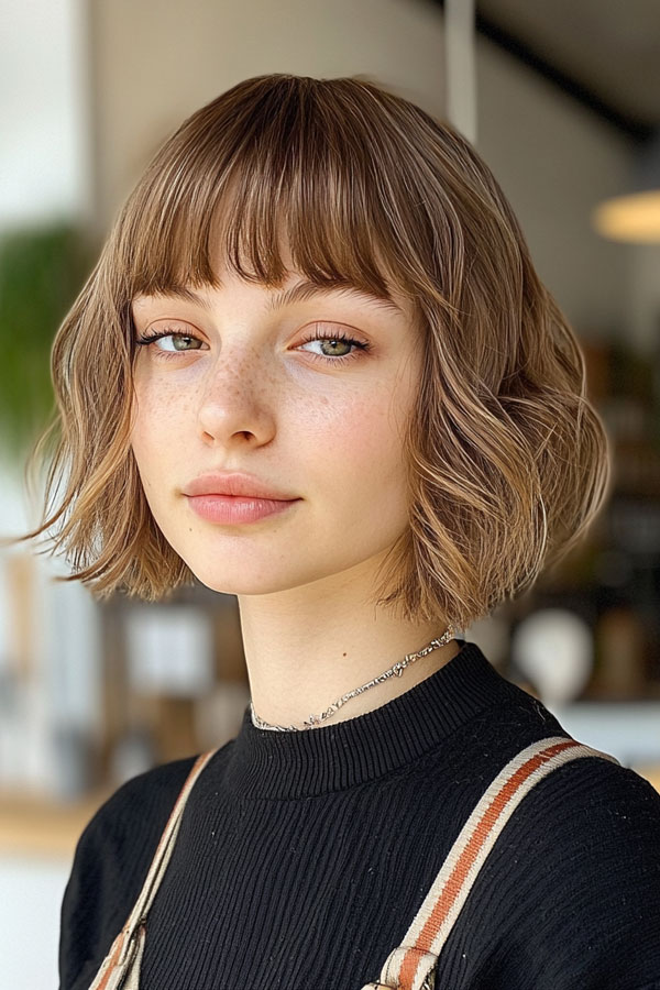 Soft Wavy Bob with Blunt Bangs, cute short haircut, trendy short hairstyle, cute way wear hair short