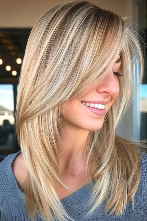 Straight blonde layers medium-length haircut.