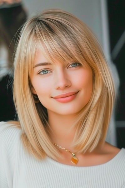 Straight Bob Medium-Length Hairstyle with Bangs.