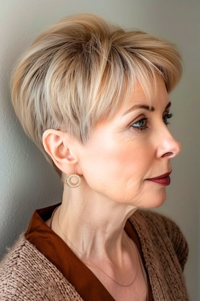 Straight feathered pixie on woman in her fifties.