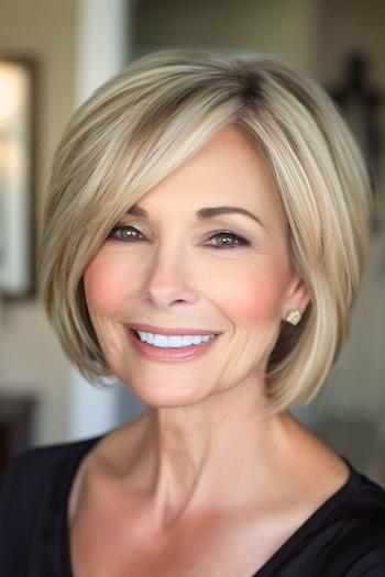 Straight Layered Bob Haircut on a smiling woman with blonde hair.