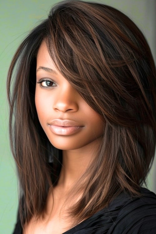 Straight layered dark brown hair medium-length haircut.