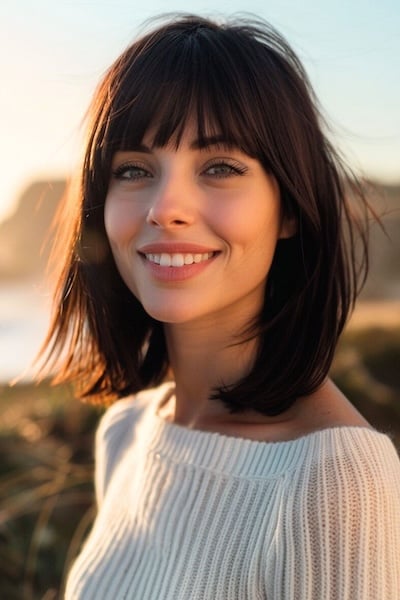 Straight Lob Medium-Length Hairstyle with Bangs.