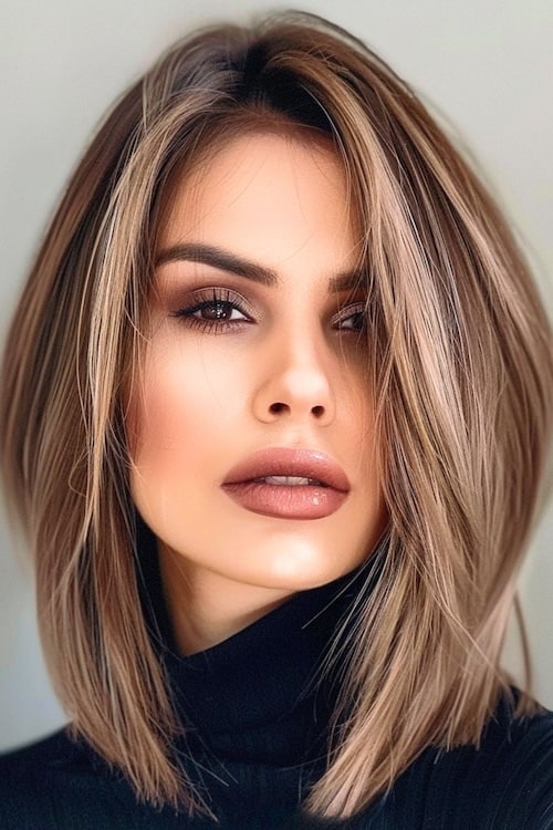 Straight medium length layered haircut.