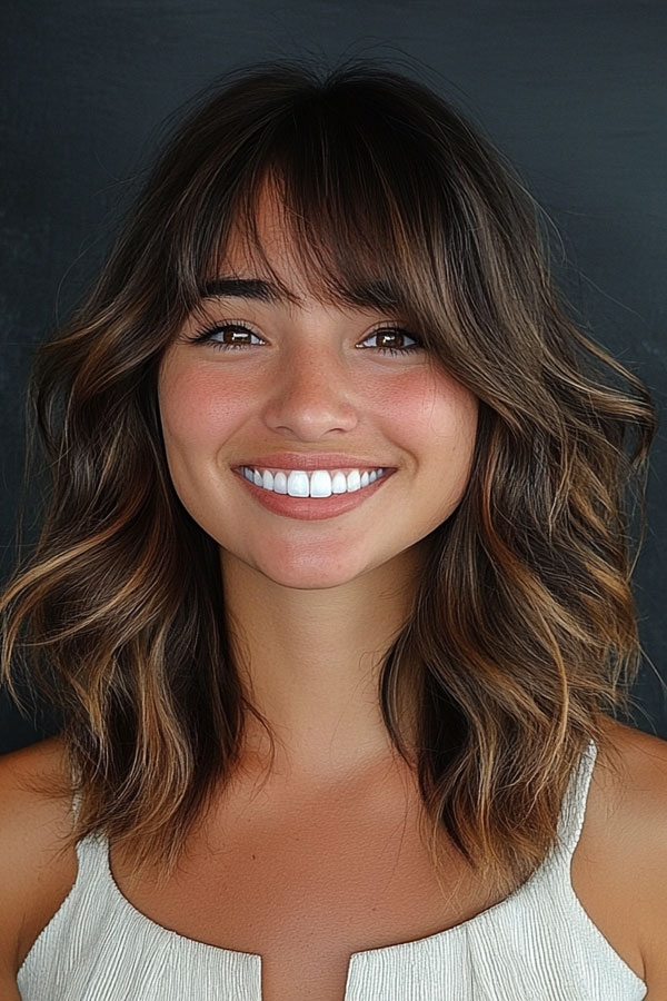 Sun-Kissed Layers with Bangs, medium-length haircut