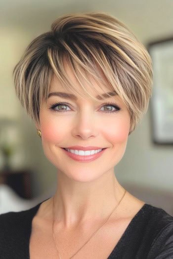 Tapered Highlighted Pixie with Side-swept Bangs Hairstyle on a smiling woman with brown hair and blonde highlights.