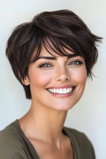 Tapered Pixie with Textured Bangs Hairstyle on a smiling woman with brown hair.