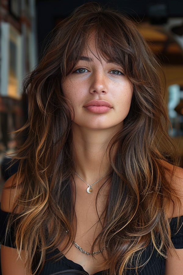 Textured Brunette Long Layers with Wispy Bangs