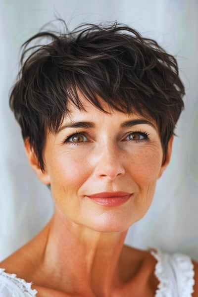 Textured espresso pixie with piecey bangs for women in their 50s.