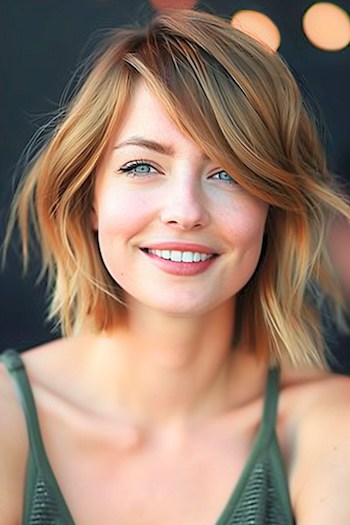 Textured Layered Bob with Side-Swept Bangs Short Layered Haircut.