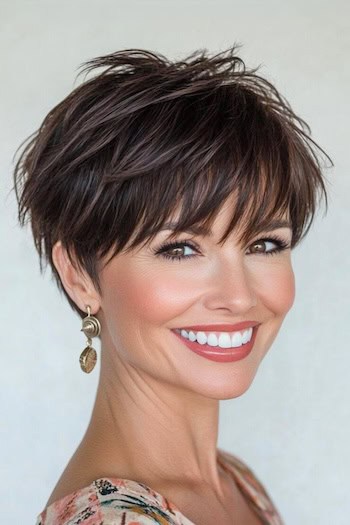 Textured Layered Pixie with Piecey Bangs Hairstyle on a smiling woman with brown hair.