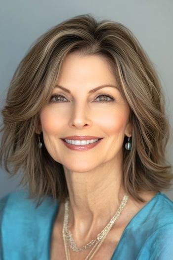 Textured Layered Wavy Long Bob Haircut on a smiling older woman with brown hair.