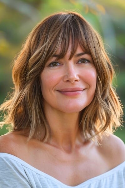 Textured Lob Medium-Length Hairstyle with Bangs.