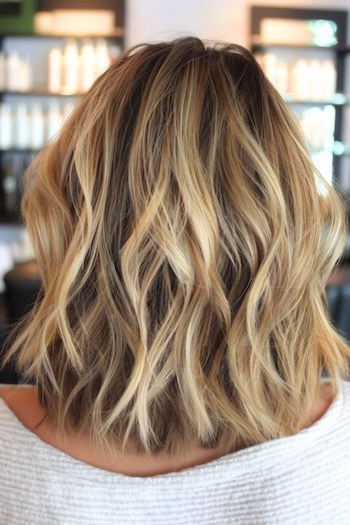 Textured Lob with Chunky Blonde Highlights Haircut.