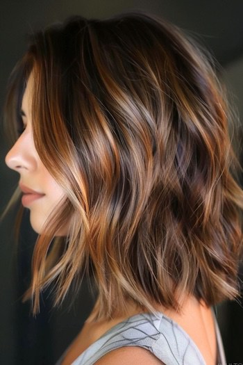 Textured Lob with Golden Highlights Haircut, side view.