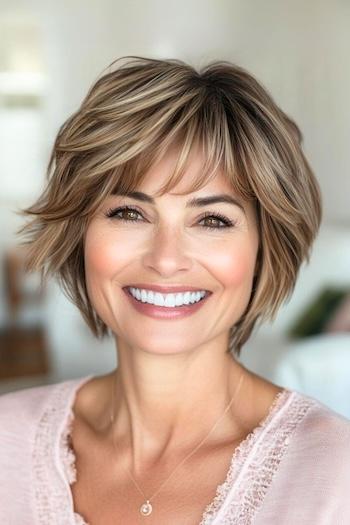 Textured Pixie Bob with Bangs Hairstyle on a smiling older woman with brown hair.