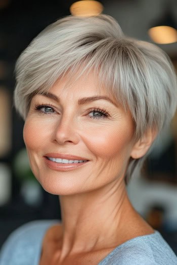 Textured Pixie with Feathered Layers Hairstyle on a smiling woman with gray hair.