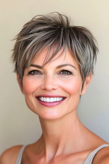 Textured Pixie with Piecey Bangs and Ashy Highlights Hairstyle on a smiling woman with gray black hair.