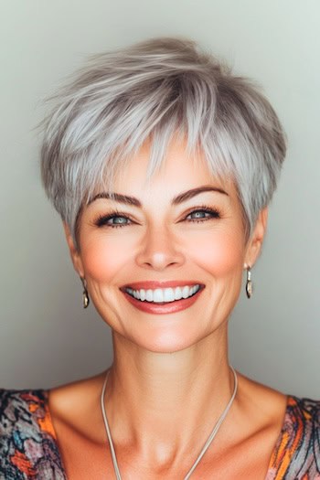 Textured Pixie with Side-Swept Bangs Hairstyle on a smiling woman with gray hair.