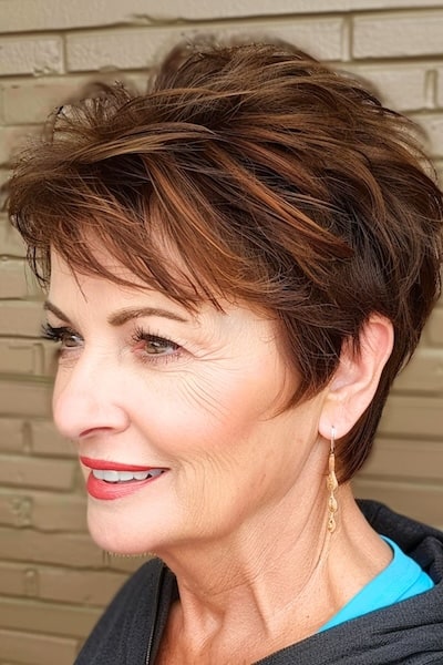 Textured pixie with side swept fringe on older woman.