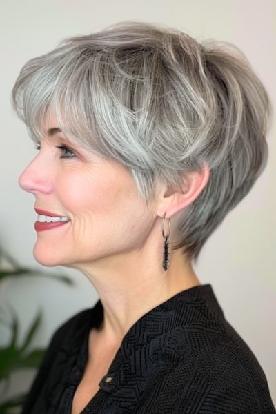 Textured silver pixie with long top for women over 50.