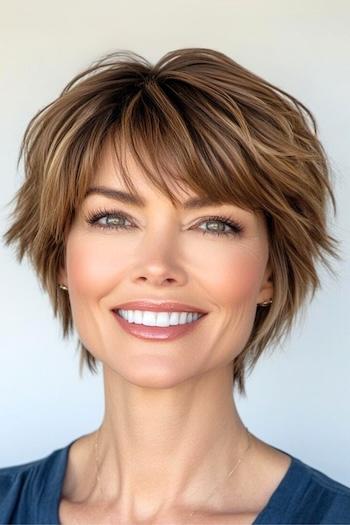 Textured Tapered Pixie with Wispy Fringe Hairstyle on a smiling woman with brown hair.