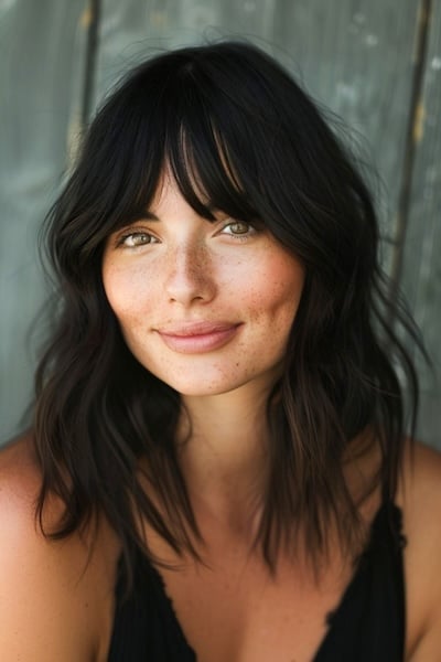 Textured Waves with Bangs Medium-Length Hairstyle with Bangs.