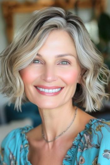 Textured Wavy Bob for Fine Hair Hairstyle on a smiling woman with blonde hair.