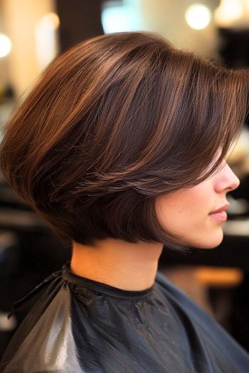 Thick Feathered Layered Bob Haircut on a woman with brown hair, side view in hair salon.